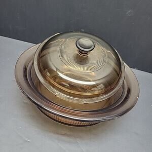 Vintage Anchor Hocking Fire-King Amber Glass Casserole Dish w/ Lid – 9" Ribbed